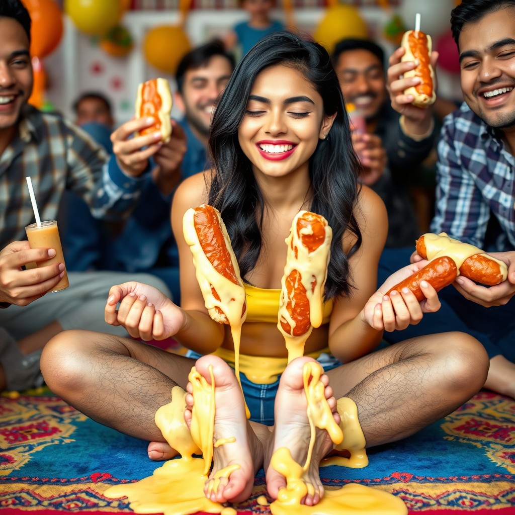 A hot Colombian young woman, 18 years old, sitting criss cross on a colorful rug, smiling with her eyes closed in a joyful expression