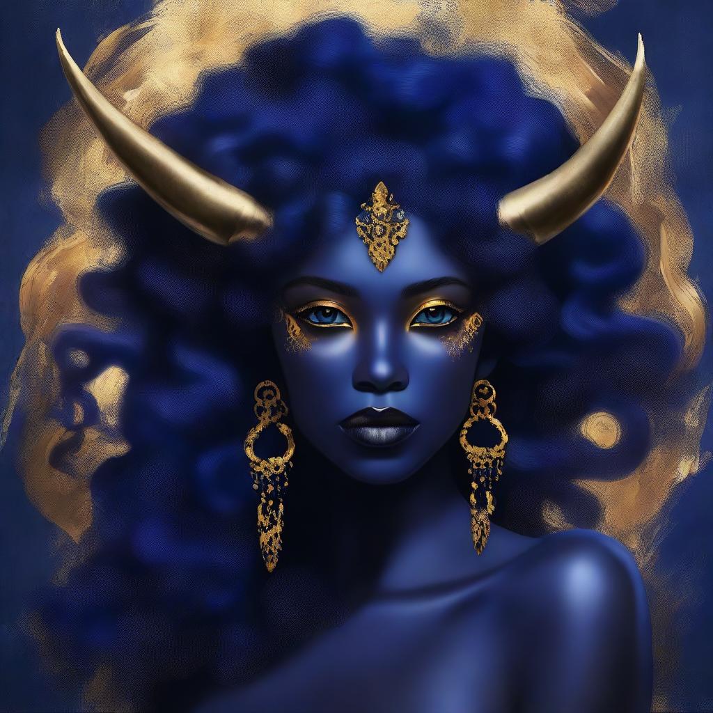 This digital art piece showcases a stunning young woman with captivating dark blue skin, embellished with golden freckles