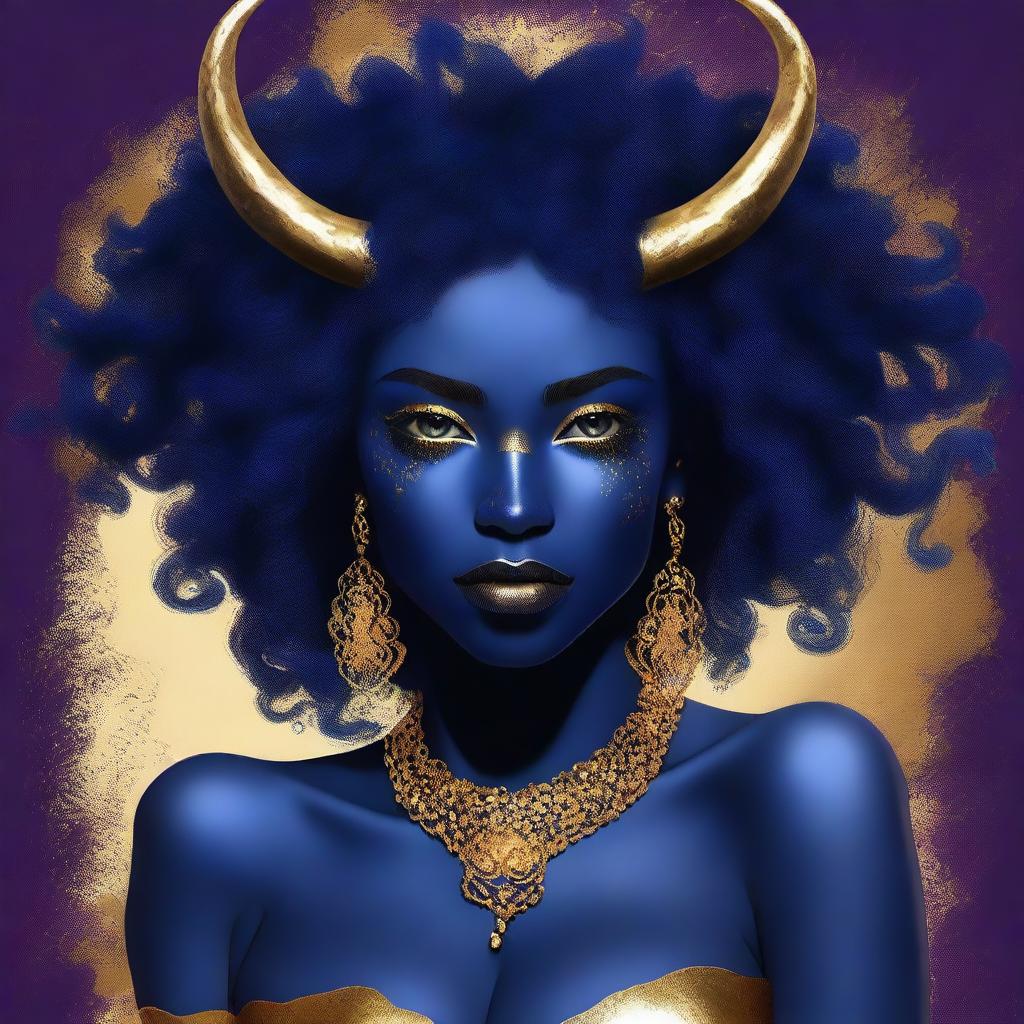 This digital art piece showcases a stunning young woman with captivating dark blue skin, embellished with golden freckles