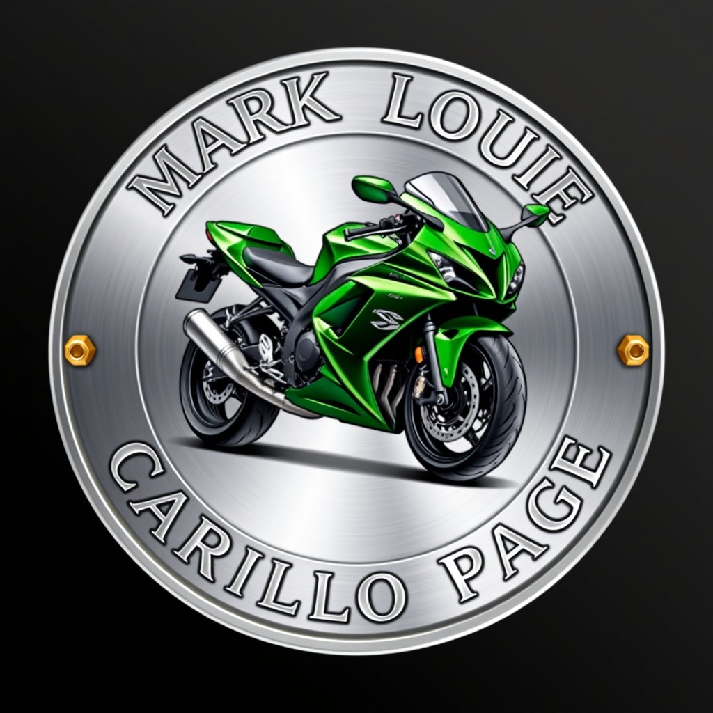 A thick, clean, circular silver logo featuring the name 'MARK LOUIE CARILLO PAGE' inscribed in tribal-style fonts