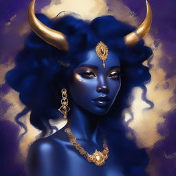 This digital art piece showcases a stunning young woman with captivating dark blue skin, embellished with golden freckles