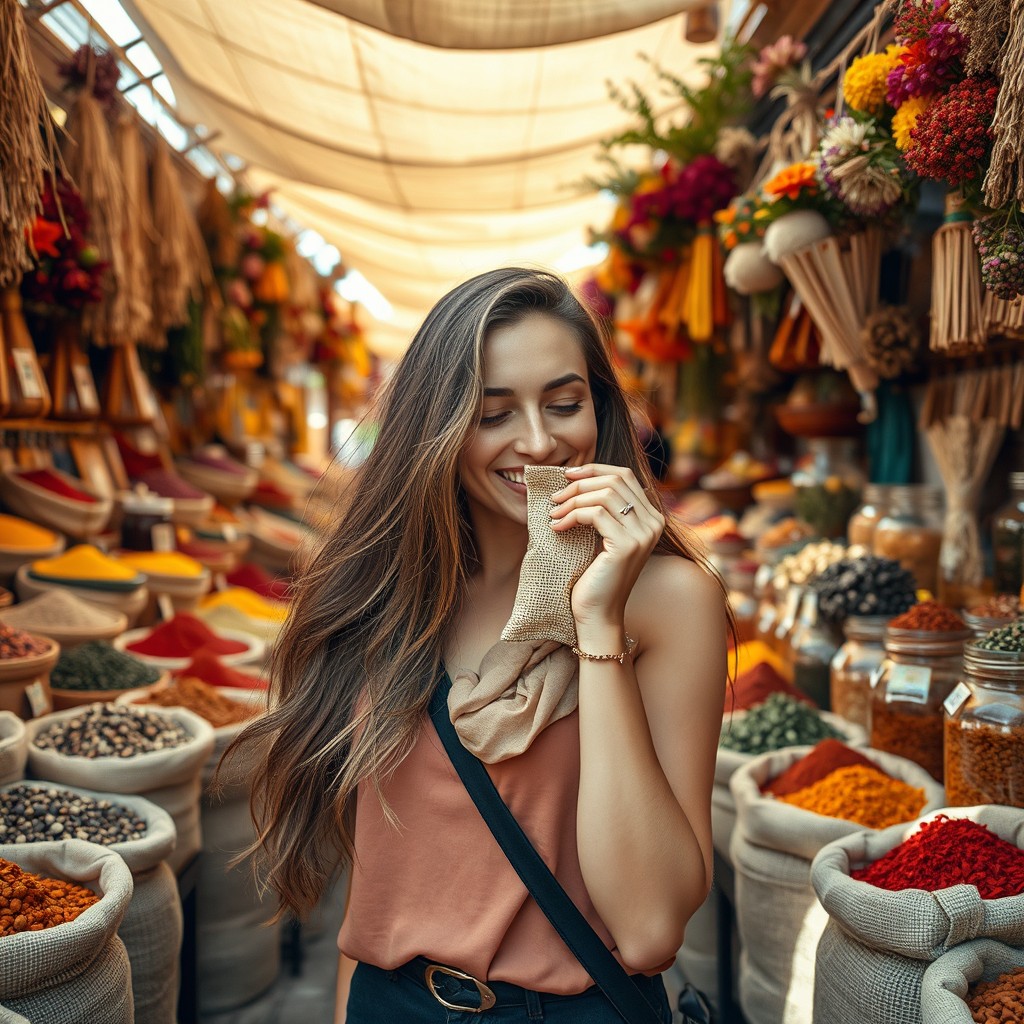 A woman with long flowing hair is standing in a vibrant spice market, surrounded by colorful spices in burlap sacks and jars
