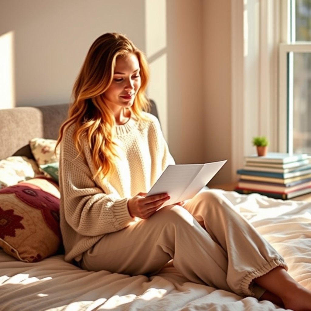 A woman sitting on a cozy bed, reading a letter with an expression of intrigue