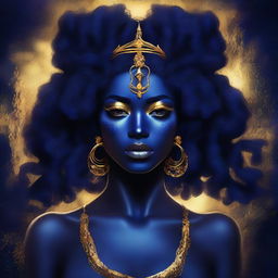 This digital art piece showcases a stunning young woman with captivating dark blue skin, embellished with golden freckles