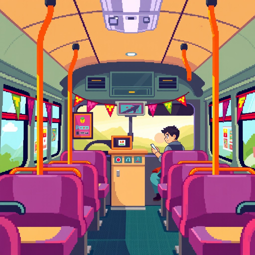 A pixel art depiction of the interior of a colorful, retro-style bus
