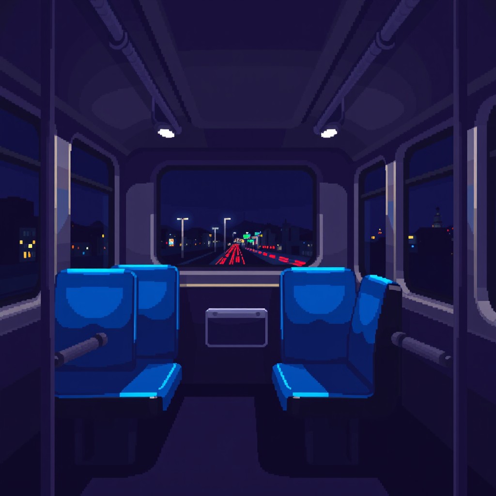 A pixel art bus interior at night, featuring blue seats