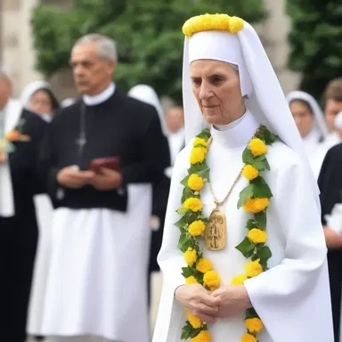 During the ceremony, the nun wore a chaplet made of fresh flowers as a symbol of purity and devotion.
