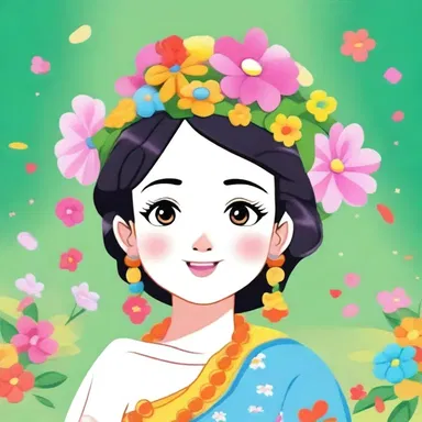 In the cartoon, the character wore a chaplet made of colorful flowers to depict their joyful and lively personality.
