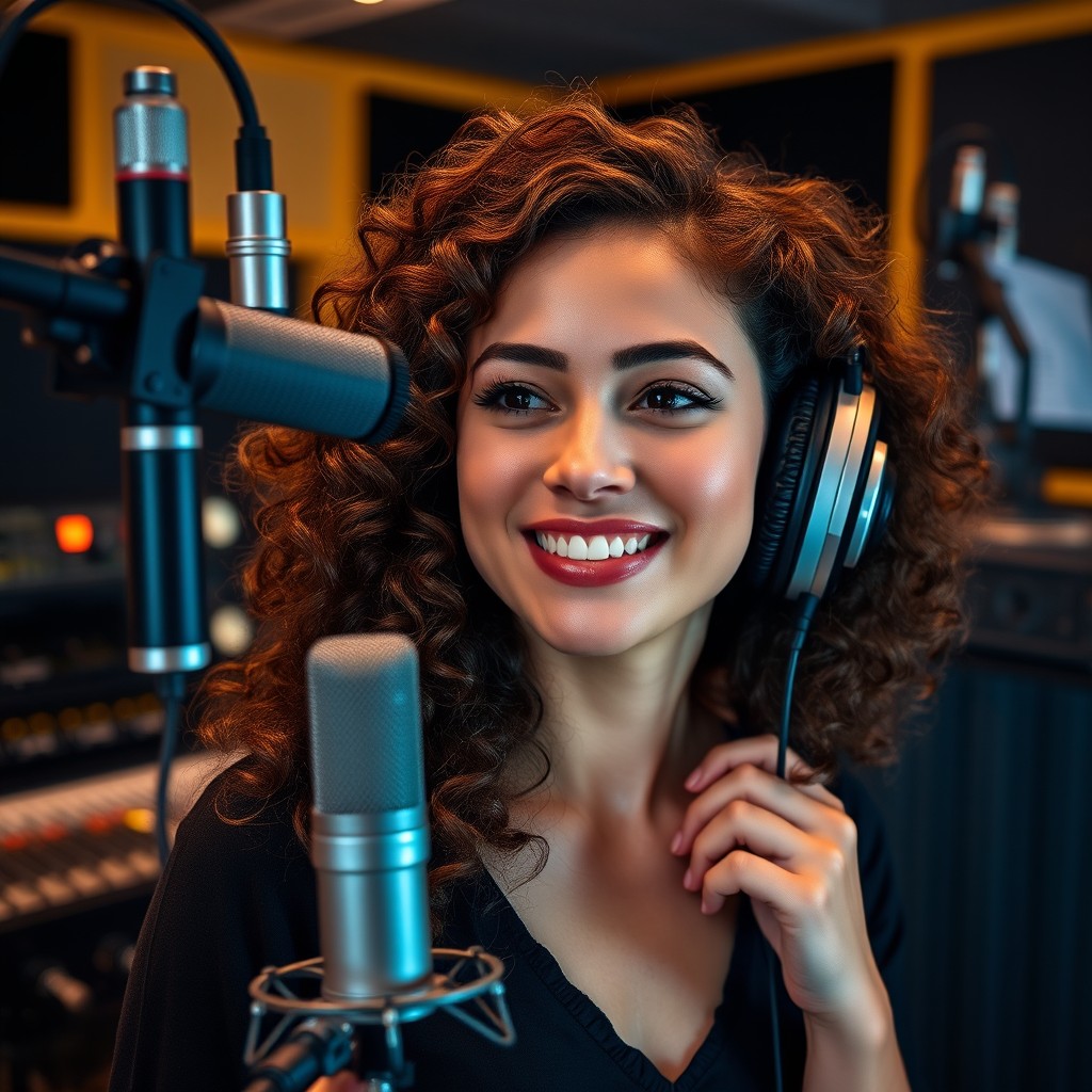 A 25-year-old brunette singer with curly hair, inside a music recording studio, wearing headphones