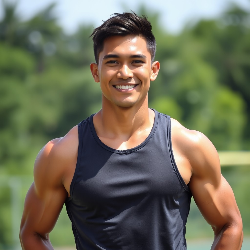A 25-year-old Indonesian man with a muscular and athletic body, showing confidence and vitality