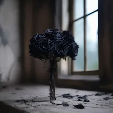 As the protagonist walked through the haunted house, they stumbled upon a chaplet made of withered black roses, intensifying the eerie atmosphere.