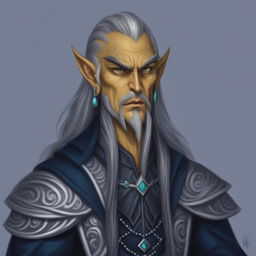 A detailed digital art image of a Githyanki Wizard with sharp features, yellow skin, and pointed ears