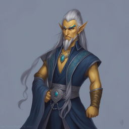 A detailed digital art image of a Githyanki Wizard with sharp features, yellow skin, and pointed ears