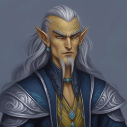 A detailed digital art image of a Githyanki Wizard with sharp features, yellow skin, and pointed ears