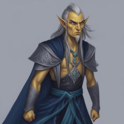 A detailed digital art image of a Githyanki Wizard with sharp features, yellow skin, and pointed ears