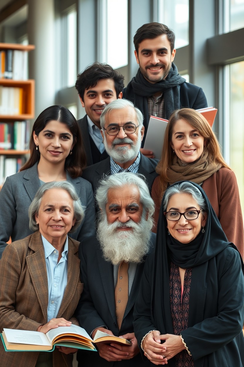 A diverse group of 8 Iranian professors, including 4 young and 4 older individuals, showcasing a blend of male and female faces
