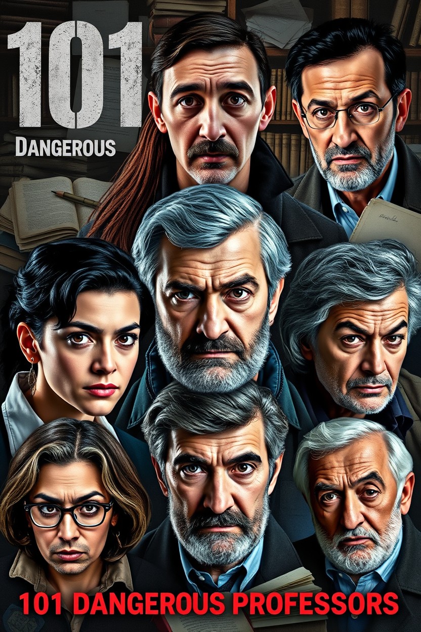 A collage titled '101 Dangerous Professors' featuring a dynamic group of eight individuals, four young and four older, of Iranian descent