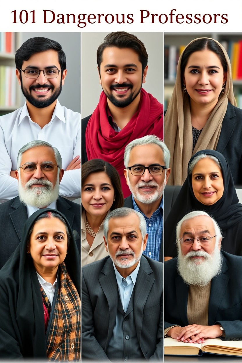 A portrait collage titled '101 Dangerous Professors' featuring a diverse group of Iranian professors