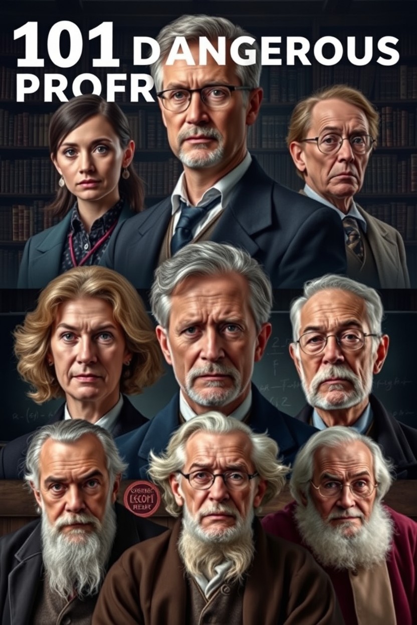 A collage titled '101 Dangerous Professors' featuring three young and four older professors, showcasing a diverse range of genders and ethnicities