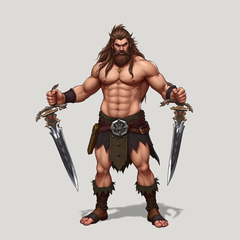 A muscular barbarian man standing confidently in a heroic pose, wielding two intricately designed swords, showcasing his strength and prowess