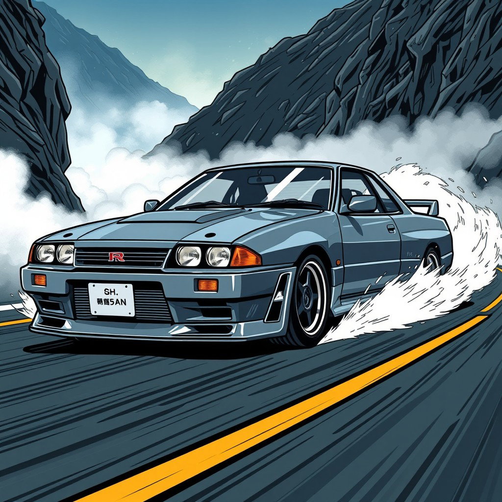 An eye-catching illustration of a Nissan Skyline GT-R in comic style, inspired by Initial D