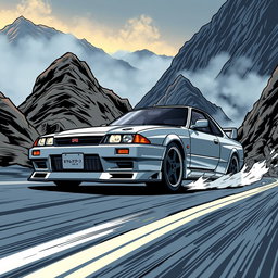 An eye-catching illustration of a Nissan Skyline GT-R in comic style, inspired by Initial D