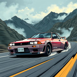 An eye-catching illustration of a Nissan Skyline GT-R in comic style, inspired by Initial D