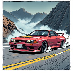 An eye-catching illustration of a Nissan Skyline GT-R in comic style, inspired by Initial D
