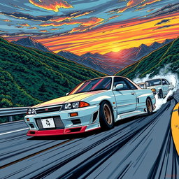 A striking illustration of a Nissan Skyline R34 in comic style, inspired by Initial D