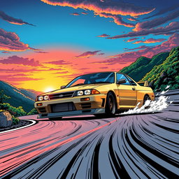 A striking illustration of a Nissan Skyline R34 in comic style, inspired by Initial D