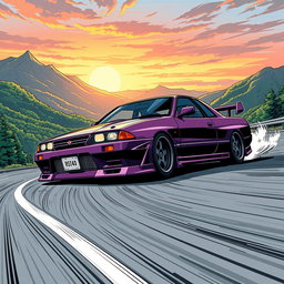 A striking illustration of a Nissan Skyline R34 in comic style, inspired by Initial D