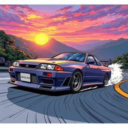 A striking illustration of a Nissan Skyline R34 in comic style, inspired by Initial D