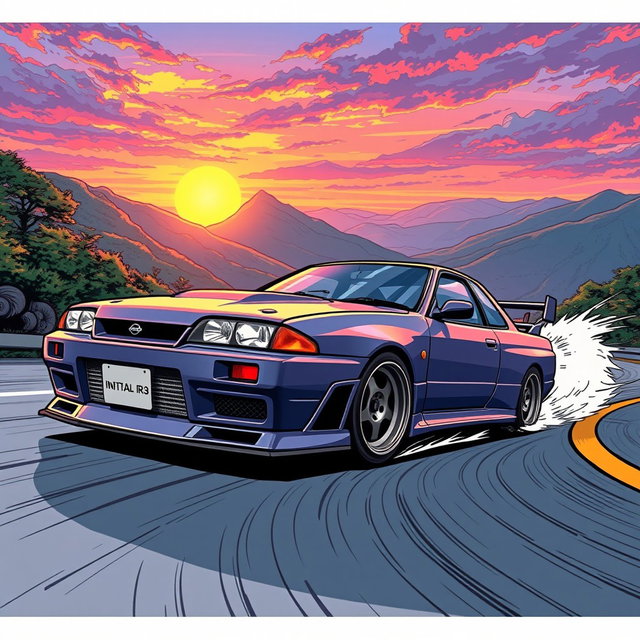 A striking illustration of a Nissan Skyline R34 in comic style, inspired by Initial D