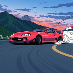 An action-packed illustration of a Toyota Supra in the iconic style of Initial D