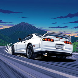 An action-packed illustration of a Toyota Supra in the iconic style of Initial D