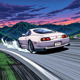An action-packed illustration of a Toyota Supra in the iconic style of Initial D