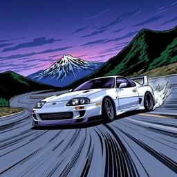An action-packed illustration of a Toyota Supra in the iconic style of Initial D
