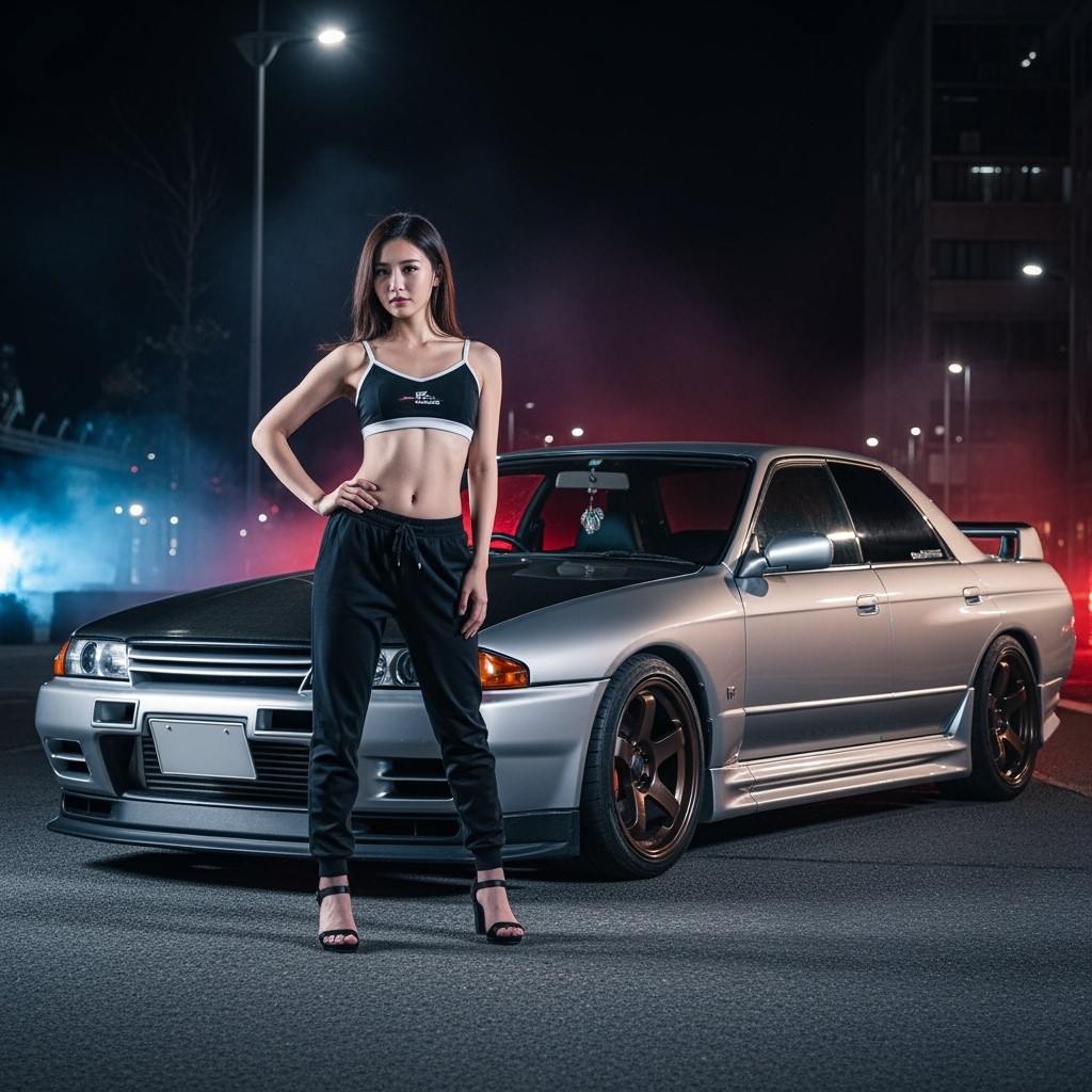 A striking scene featuring a young woman in her early 20s with a slender and lean figure, confidently dressed in a stylish two-piece outfit that elegantly highlights her physique