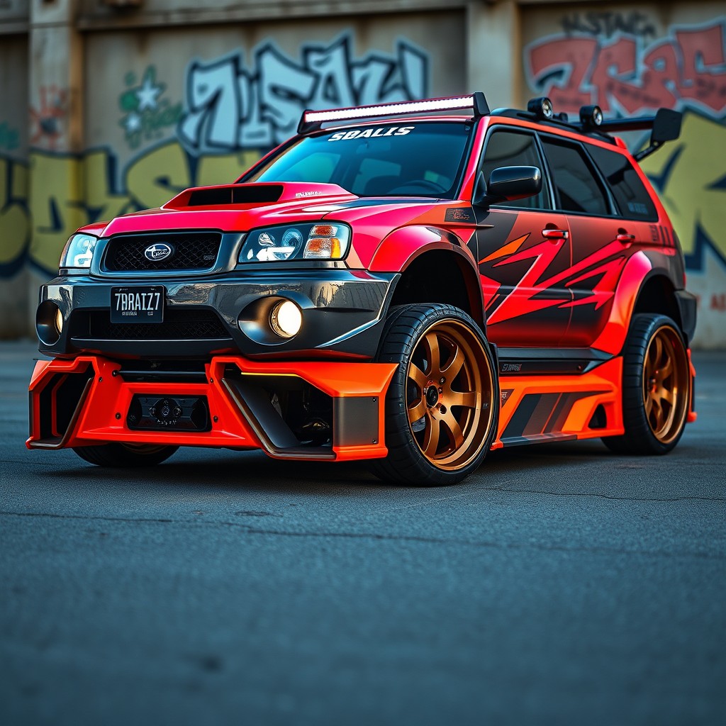 A highly modified 2004 Subaru Forester, showcasing a bold and aggressive design inspired by the FozMafia style