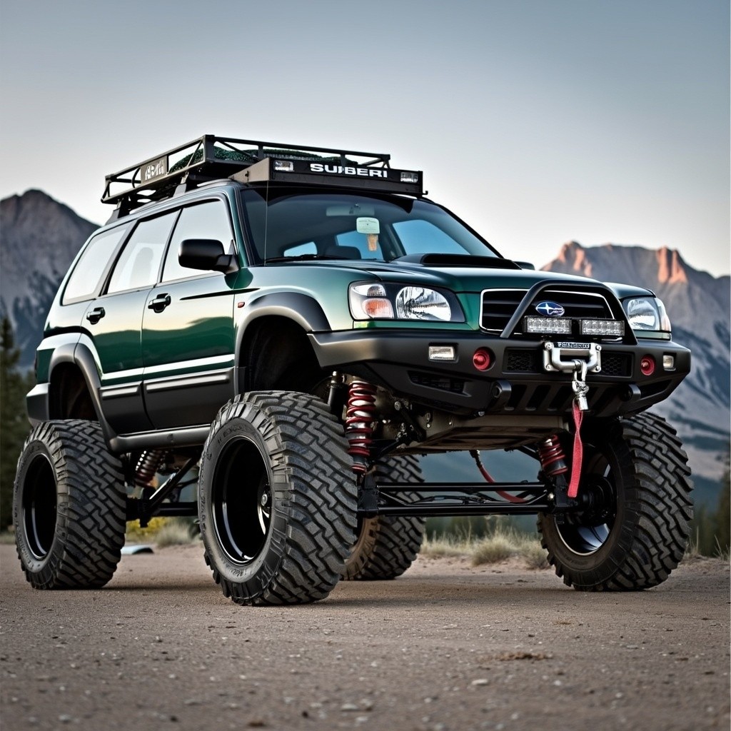 A highly modified and lifted 2004 Subaru Forester, showcasing an adventurous off-road style