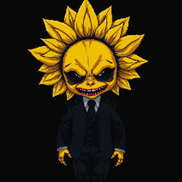 A pixel art character resembling a sunflower with an unsettling, terrifying baby face