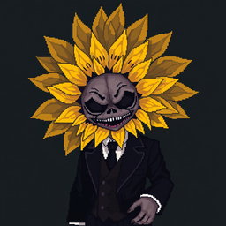 A pixel art character resembling a sunflower with an unsettling, terrifying baby face