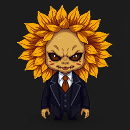 A pixel art character resembling a sunflower with an unsettling, terrifying baby face
