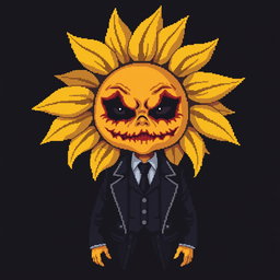 A pixel art character resembling a sunflower with an unsettling, terrifying baby face