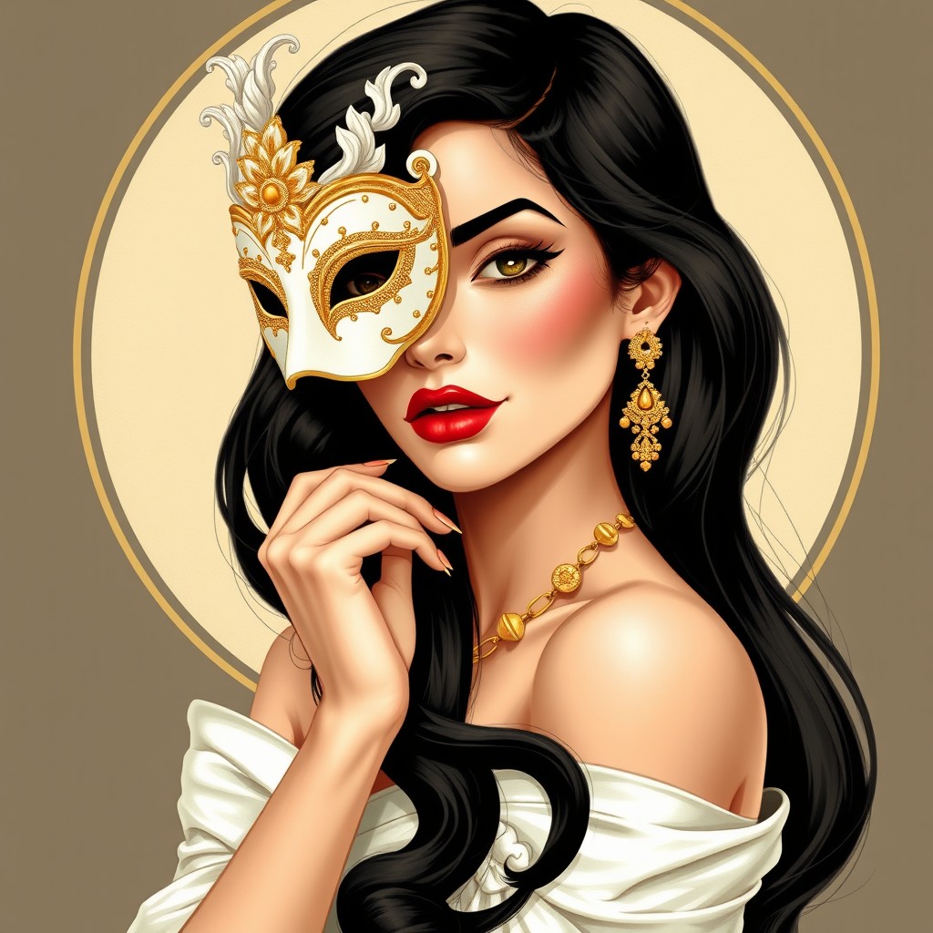 An elegant Italian-Persian woman depicted in a mid-century illustration style reminiscent of Coby Whitmore and Art Frahm