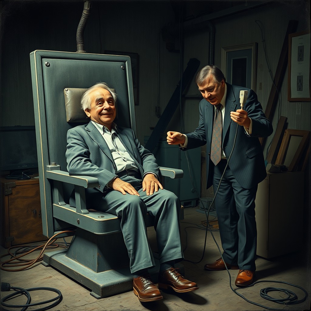 A middle-aged man sitting on an electrocution chair, wearing a relieved expression, suggesting a mix of anticipation and humor in an unusual context