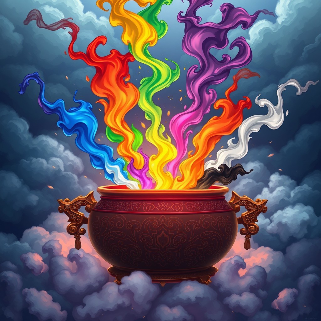 A detailed depiction of a Chinese xianxia cauldron, elaborately designed, sitting against a dramatic cloudy background