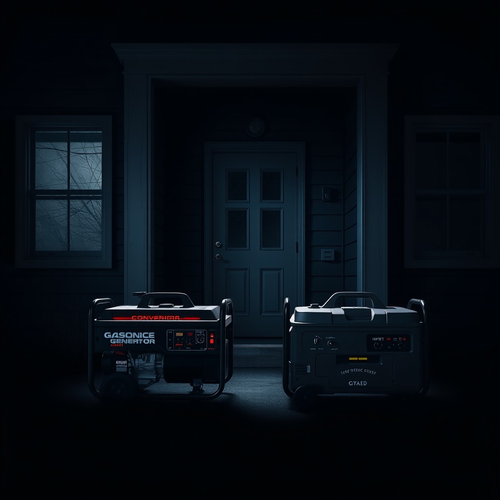 A clean and striking eBook cover design depicting a conventional gasoline generator and an inverter technology generator positioned at the dark entrance of an empty house