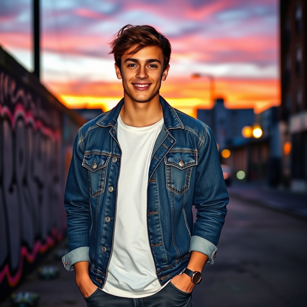 A handsome young man, standing confidently in an urban street setting