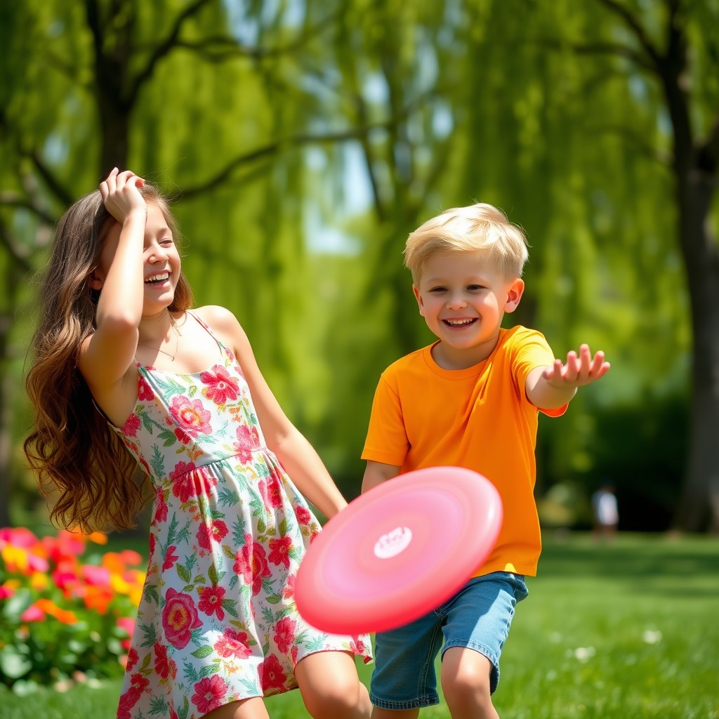 A playful scene featuring a boy and a girl engaged in a fun outdoor activity, smiling and laughing together